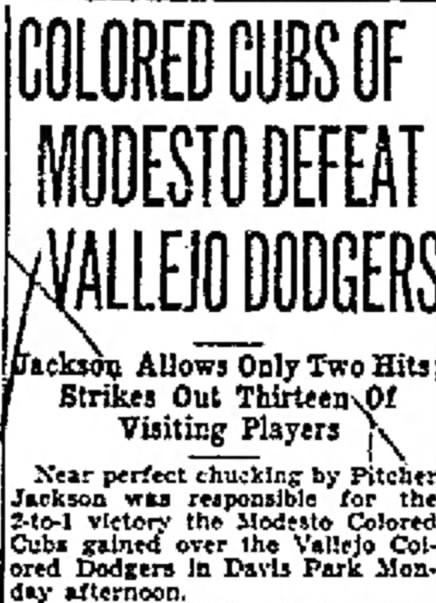 Clipping from newspaper reading, "Colored Cubs of Modesto Defeat Vallejo Dodgers."