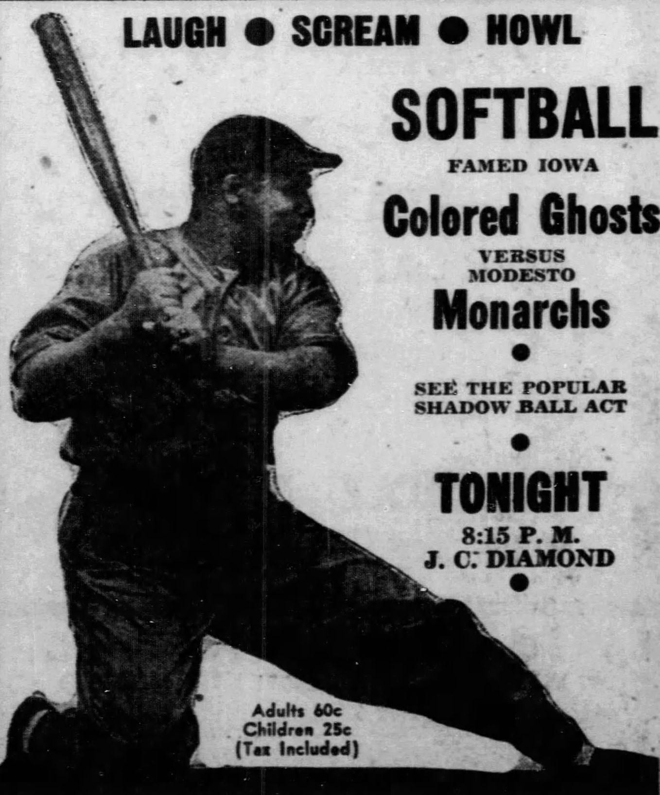 Advertisement for Modesto Monarchs softball game showing a man with a bat.